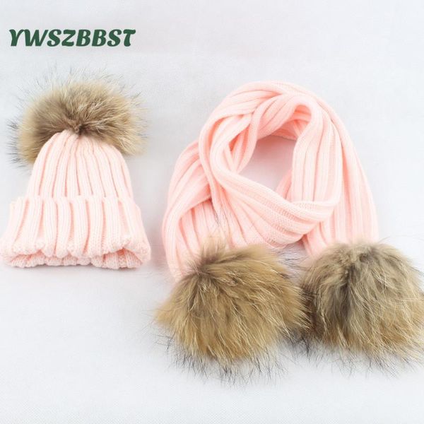 

fashion baby hat scarf with raccoon fur balls autumn winter warm baby hats for girls and boys kids children caps scarves set, Yellow