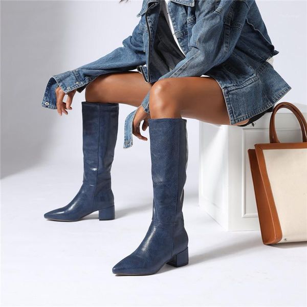 

boots ymechic fashion 2021 chunky heels high knee yellow silver blue pointed toe long winter female shoes botas1, Black
