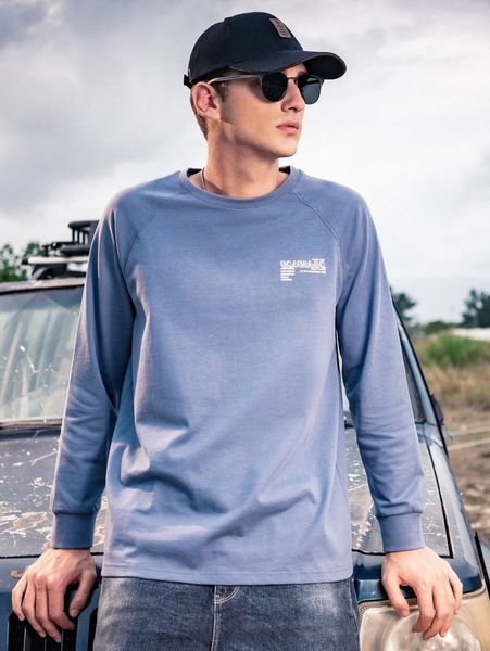 

men slogan graphic raglan sleeve pullover b0g4#, Black