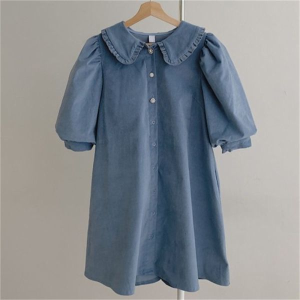 

2021 new vintage solid women's dresses peter pan turtleneck half mangas puff single breasted strip waist the short line dressed spring, Black;gray
