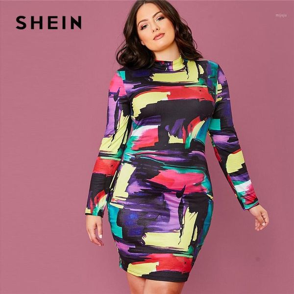 

shein plus size multicolor mock neck colorblock bodycon dress women 2020 spring elegant long sleeve plus slim fit mini dresses1, Black;gray