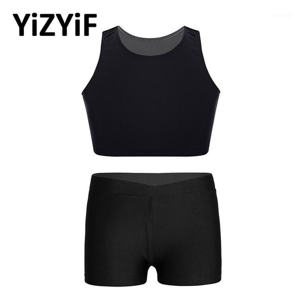 

running sets kids girls sportswear outfit solid color workout gym fitness activewear set sleeveless crop tanks with shorts bottoms1, Black;blue