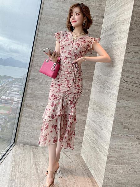 

sleeve pleated slim split lotus leaf floral dress women's 2021 summer new office lady chiffon polyester, Black;gray