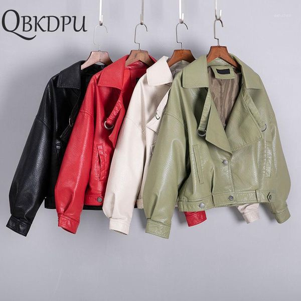 

new autumn women faux leather jacket pu motorcycle biker red coat turndown collar loose streetwear black punk bomber outerwear1