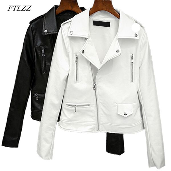 

ftlzz new spring autumn women biker leather jacket soft pu punk outwear casual motor faux leather black white jacket 201030