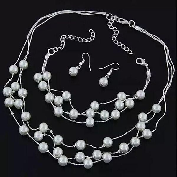 

fashion pearls silver plated necklace earrings bracelet set wedding jewelry sets