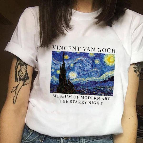 

women clothes print ladies painting star night moon art summer printed ladies woman women casual tee shirt t female t-shirt, White