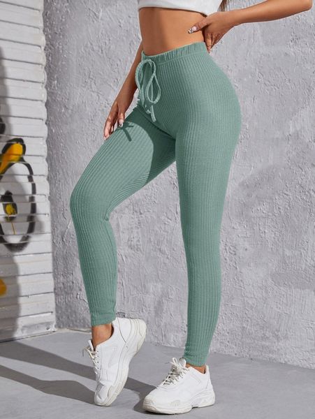 

knot waist rib-knit solid leggings 10e2#, Black