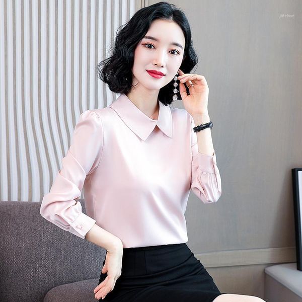 

korean silk shirt women long sleeve shirts women satin silk blouses plus size blusas femininas elegante woman pink blouse1, White