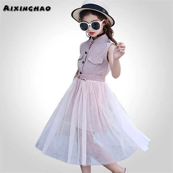

kids girls clothes set solid dress + mesh skirt girl summer clothes teenage kids children clothing 6 8 10 12 13 14 year y200325, White