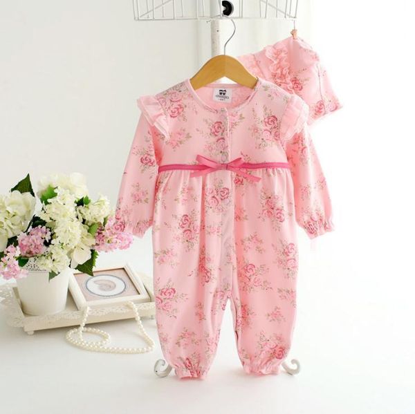 

newborn baby girl rompers floral kids romper lace hat infant jumpsuit flower playsuit toddler costume bowknot clothes suit overalls children, Blue
