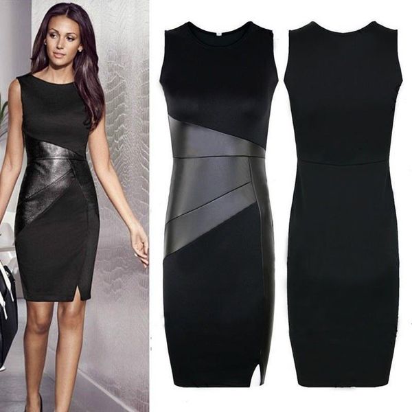 

new arrival xxl ladies slim fashion mesh women clubwear zipper black elegant slim pencil dress leather patchwork dress, Black;gray