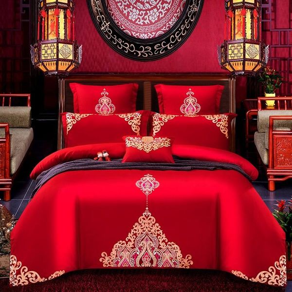 

chic embroidery red duvet cover bed sheet pillow shams premium 100%cotton ultra-soft 4/7pcs wedding bedding set  king size
