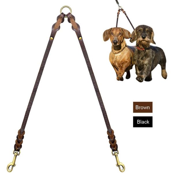 

pet dog braid leash genuine leather pet double leashes 2 way anti-rust pets walking strap for 2 dogs bla sqcljo