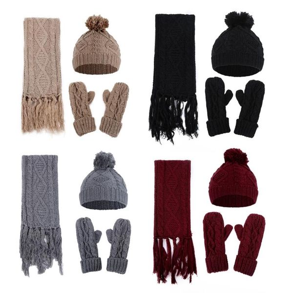 

3 In 1 Women Winter Girls Rhombus Cable Knit Warm Beanie Hat Scarf Gloves Set, Blue;gray