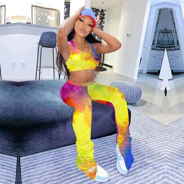 

tie dye two piece stacked leggings set womens 2 piece outfit set crop sweat pants matching sets for women tracksuit female1, White