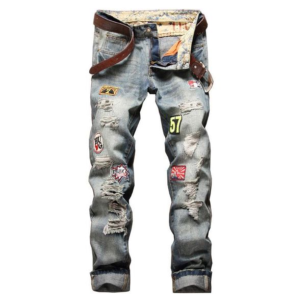 

men long four seasons worn out jeans denim cotton fashion new straight hair distressed, Blue
