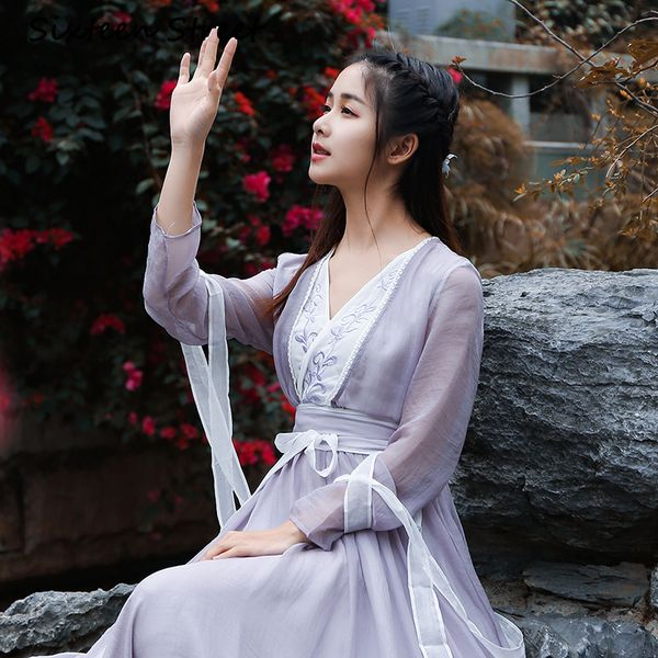 

2021 neckline v ankle length elegant woman vintage dress embroidered chinese style hanfu long sleeve party gowns at night ntfe, Black;gray