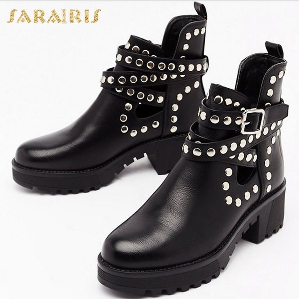 

sarairis brand new 2020 platform square heels leisure fashion spring autumn ankle boots shoes women motorcycles boot c1120, Black