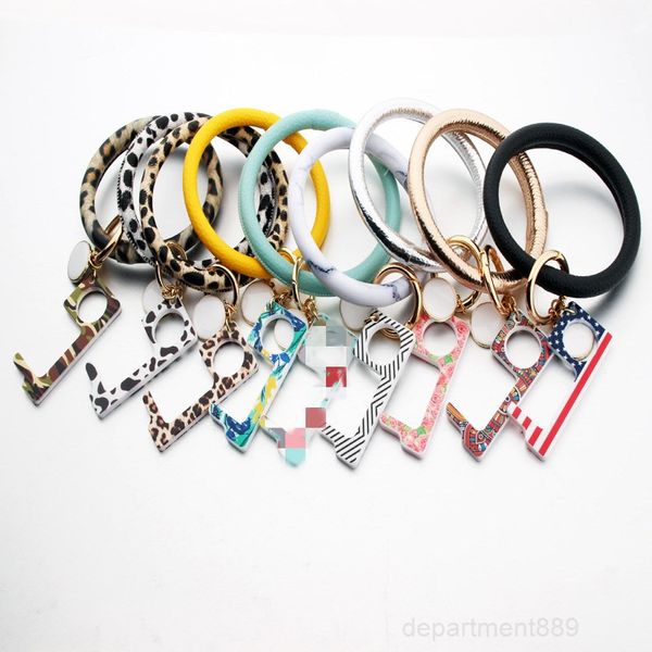 

pu leather bracelet no touch opener keychain edc safe door handle acrylic keyring portable elevator tool owf2548