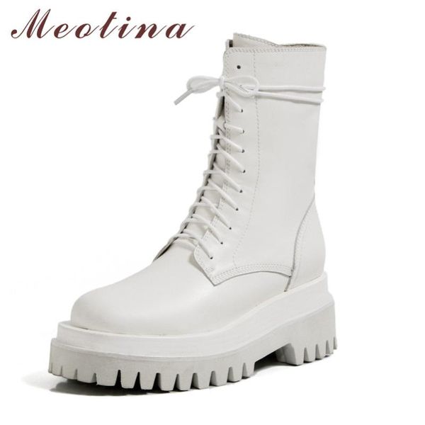 

meotina real leather platform mid heel mid calf boots women shoes zipper cross tied thick heels motorcycle boots female white 40, Black