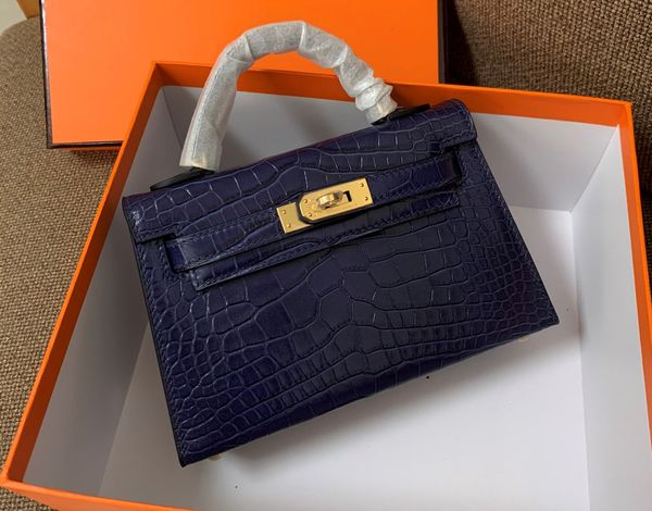 

women brand bag handmade quality 19cm calf leather with crocodile grain blue mini handbag wax thread gold hardware whosale price contact me