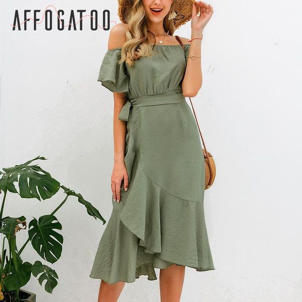 

affogatoo off shoulder ruffled summer dress women causal high waist split female long dress short sleeve ladies boho1, Black;gray