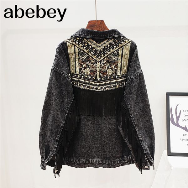 

denim jacket korean floral embroidery suede fringe loose chaquetas mujer coat long sleeve outerwear jacket women veste femme 201026, Black;brown
