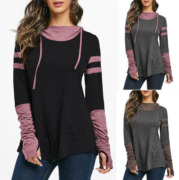 

tshirt women casual hooded ruched sleeve pocket patchwork contrast heathered t-shirt poleras camiseta harajuku women t shirt, White