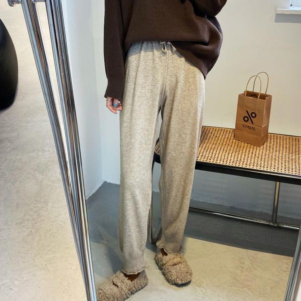 

thicken kintting high waist long pants women 2020 vintage casual streetwear back pockets lace up trousers gray khaki pants, Black;white