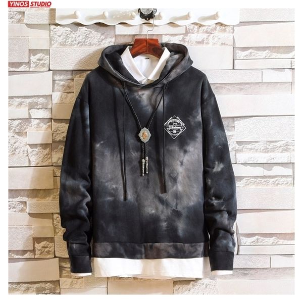 

dropshipping autumn mens streetwear tie dyeing hooded pullover men plus size hoodies mens losse hip-hop sweatshirt lj201222, Black