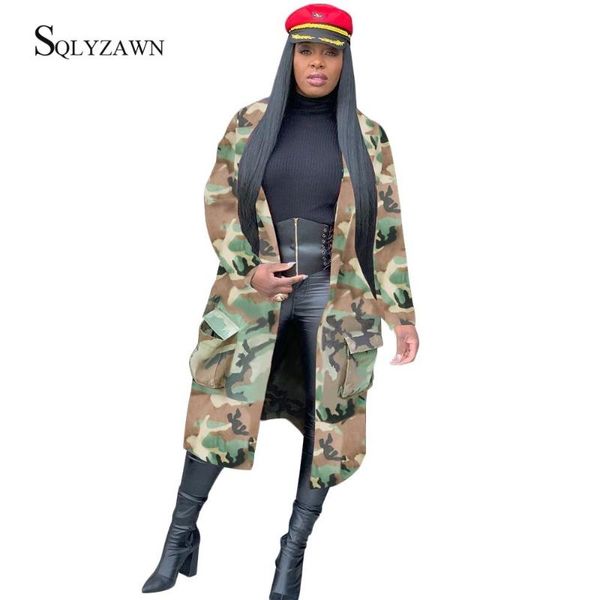 

women's camouflage printing long windbreaker coat autumn x-long trench cardigan coat red gray camo outwear streetwear plus size, Tan;black