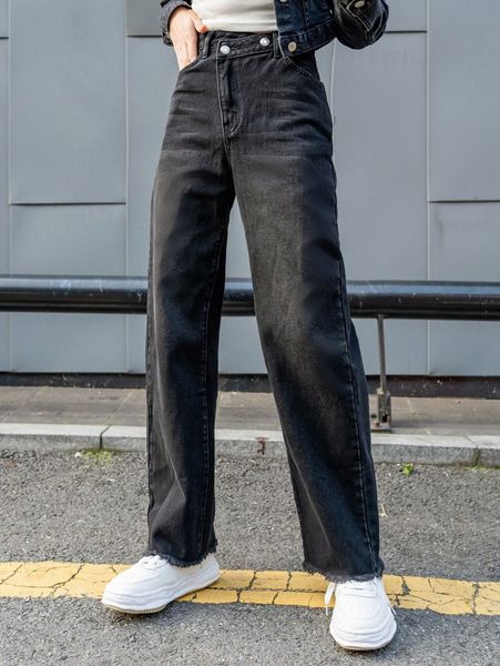 

dazy high waist raw hem straight leg jeans r5n4#, Blue