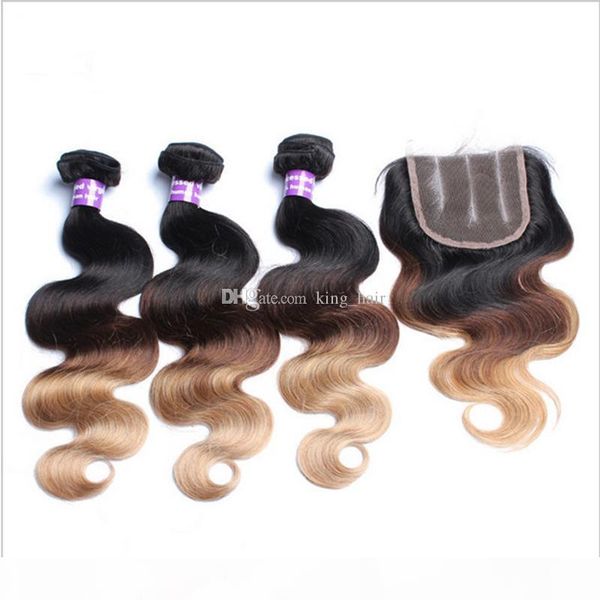 

honey blonde malaysian body wave hair extensions #1b 4 27 3 tone ombre hair bundles with lace closure part 4pcs lot, Black
