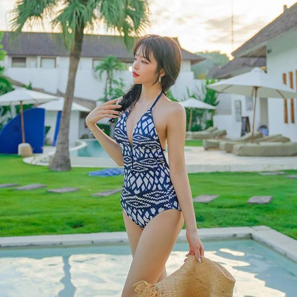 

womens one piece swimsuit geometric print monokini swimwear high waist swimsuits backless beach wear tied up bikini, White;black