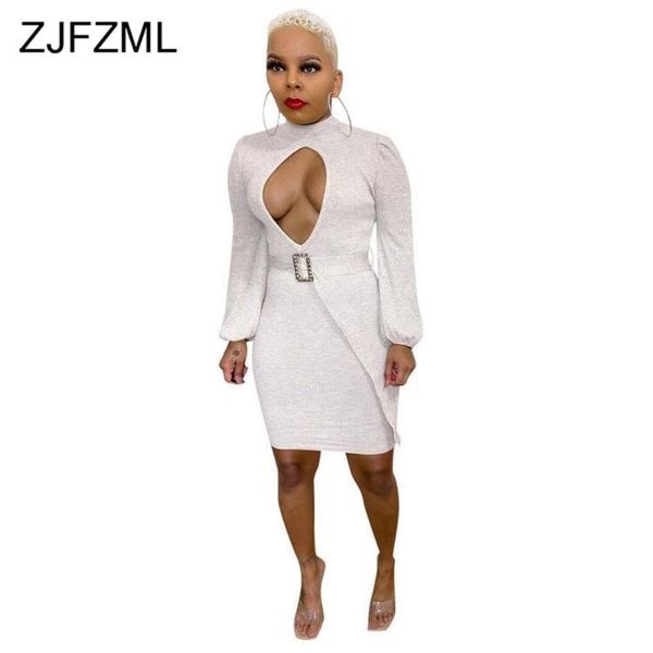 

beige hollow front ribbed knitted sheath dress women turtleneck long sleeve package hip dress elegant female sashes midi, Black;gray