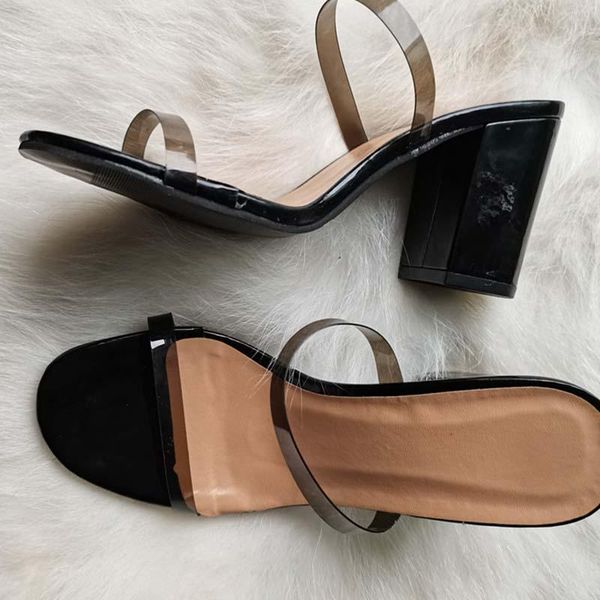 

2021 women sandal fashion heels sandals slippers women high heels flip flops square toe slides party shoes lady sell, Black