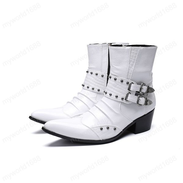 

fashion rivets men ankle boots autumn winter genuine leather solid pointed toe buckle strap formal boots, Black