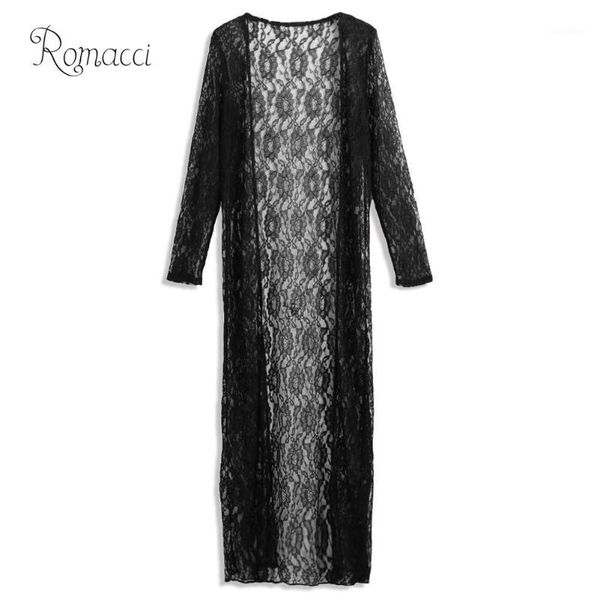 

romacci women floral lace kimono cardigan semi sheer plus size robe de plage solid open front long elegant beach cover up 20191, White