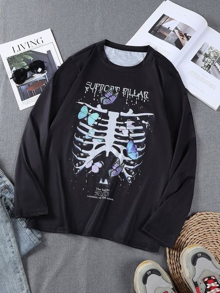 

men skeleton & letter graphic t-shirt u49a#, White;black