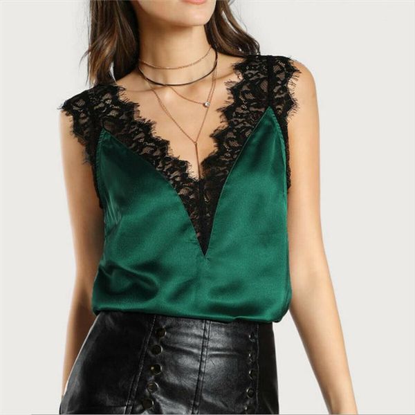 

new summer women loose fashion lace deep v sleeveless spliced cotton v back casual blouse shirt, White