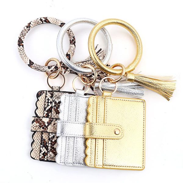 

fashion trend simple card bag leather tassel keychain for women men leopard snake wallet keyring jewelry gifts, Silver