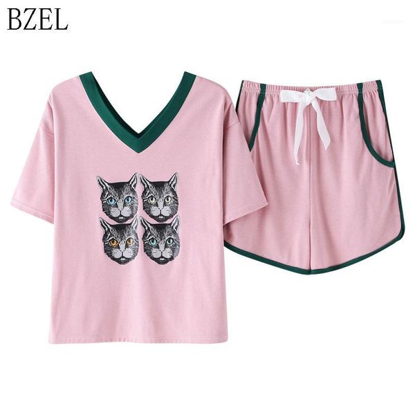 

bzel new fashion cotton women's pajamas summer v-neck pyjamas women cat print pijama teenage girl casual home wear big plus size1, Black;red