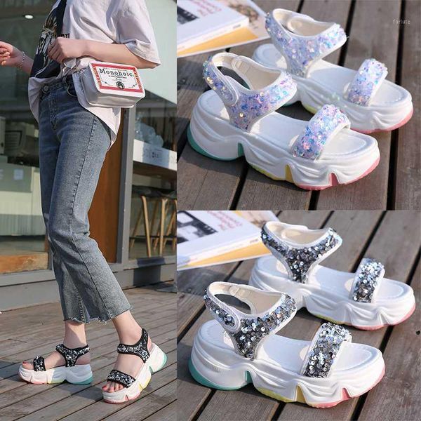 

summer rainbow bottom women's shoes thick bottom sandals women's new wild sequins roman shoes z5271, Black