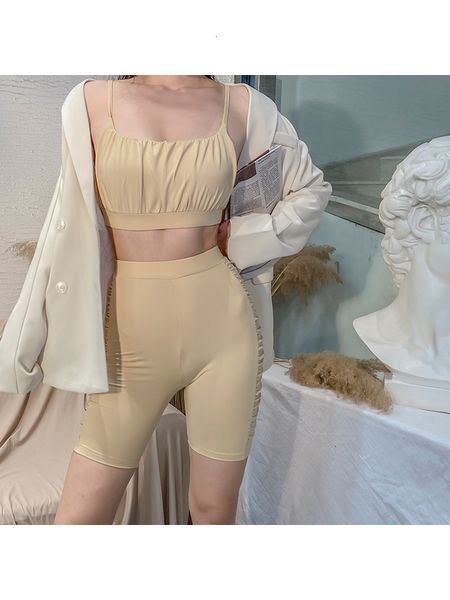 

2021 new practical style peach elastic hip short spaghetti straps + plied bicycle high waist shorts suit two women's ensemble z9kt, Black;gray
