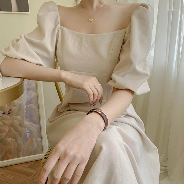 

mozuleva 2020 summer backless cotton & linen female dress vintage lantern sleeve square collar women dress a-line vestidos femme1, Black;gray