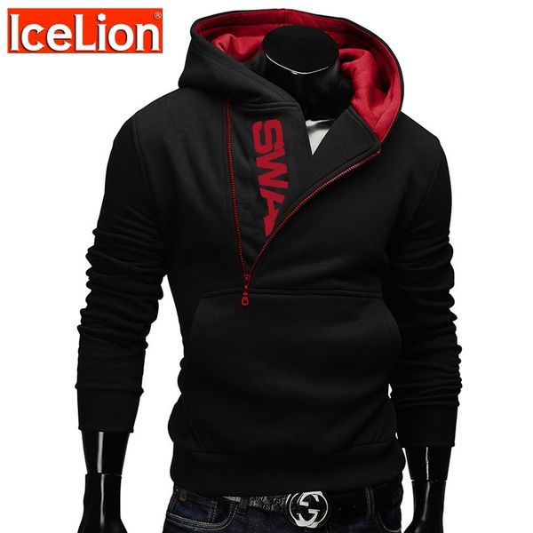 

icelion side zipper hoodies men cotton sweatshirt spring letter print sportswear slim pullover tracksuit hip hop streetwear 201114, Black