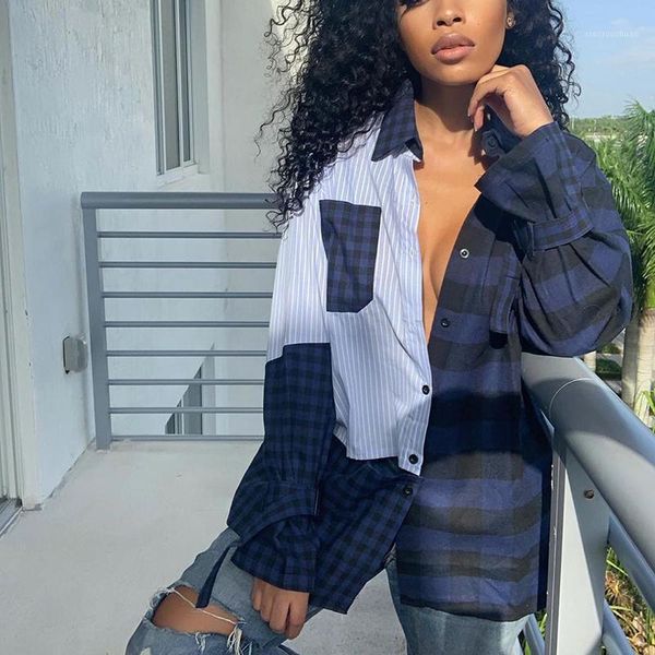 

plaid women blouse shirt long sleeve patchwork feminine blouse casual striped fashion woman blouses 2020 ladies female new1, White