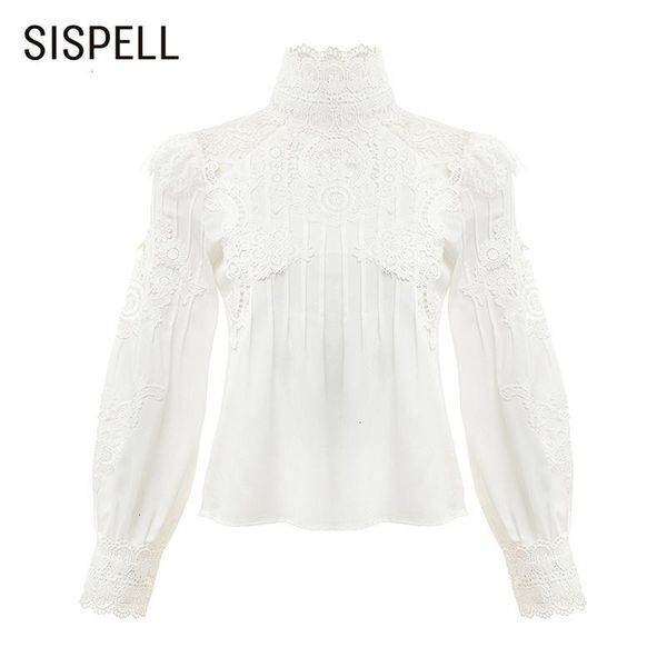 

sispell print embroidery women's shirt blouse lantern sleeve stand collar lace perspective for female vintage shirts 2020 new, White