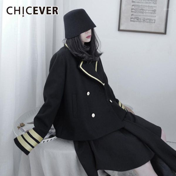 

chicever tweed jackets for women lapel long sleeve patchwork striped hit color loose plus size vintage black coats female 20201